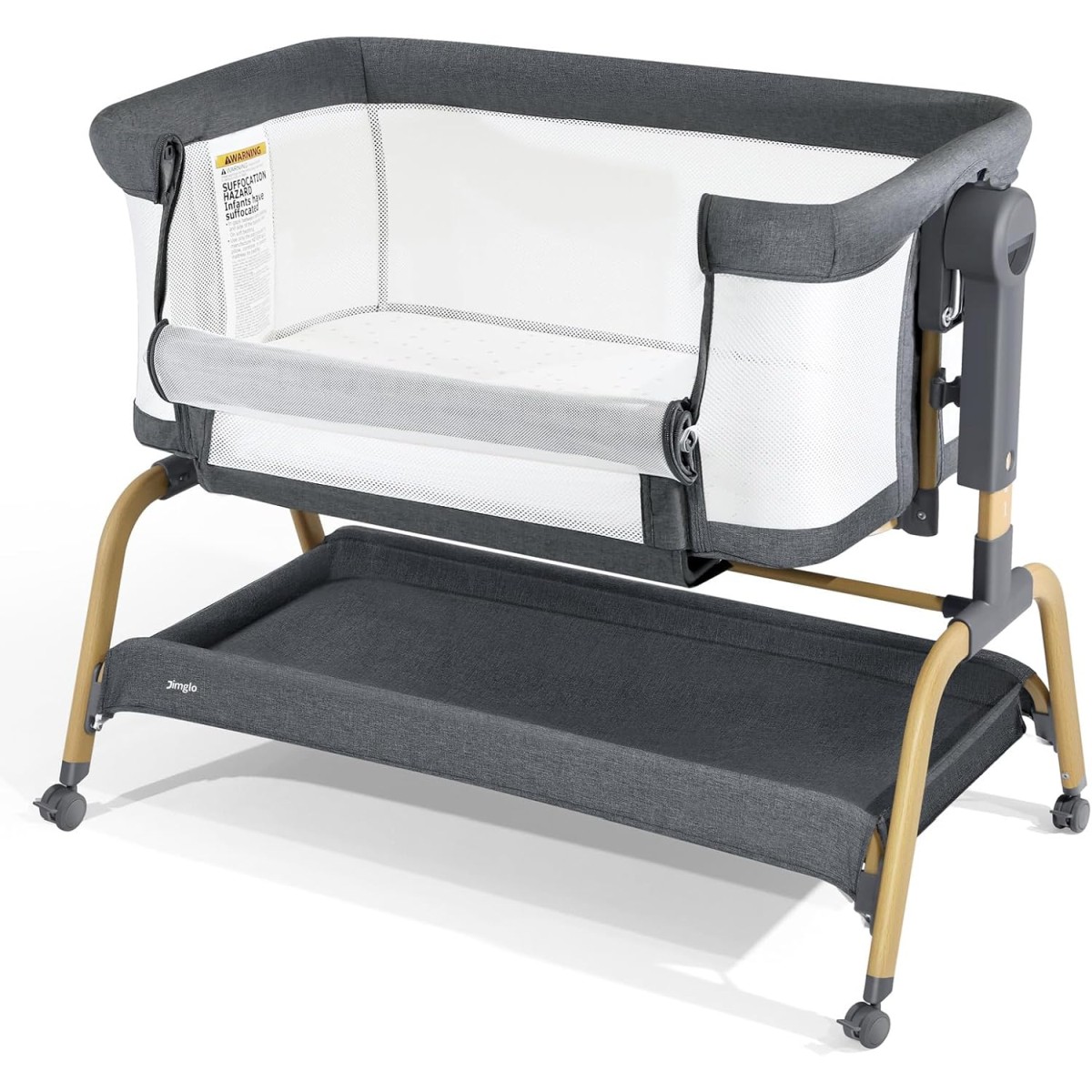 Jimglo 3-in-1 Bedside Bassinet - Grey Mesh